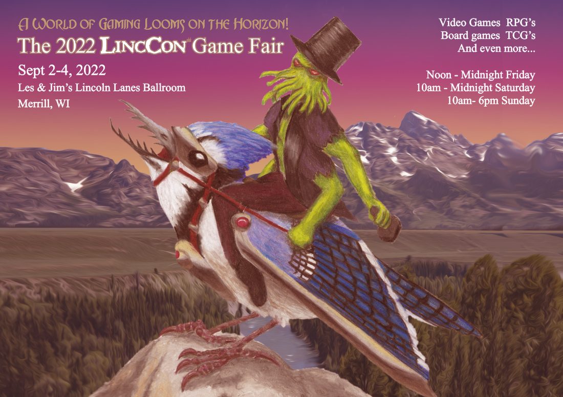 LinccCon Game Fair 2022 Image, contains LincCthulhu riding a futuristic predatory bluejay